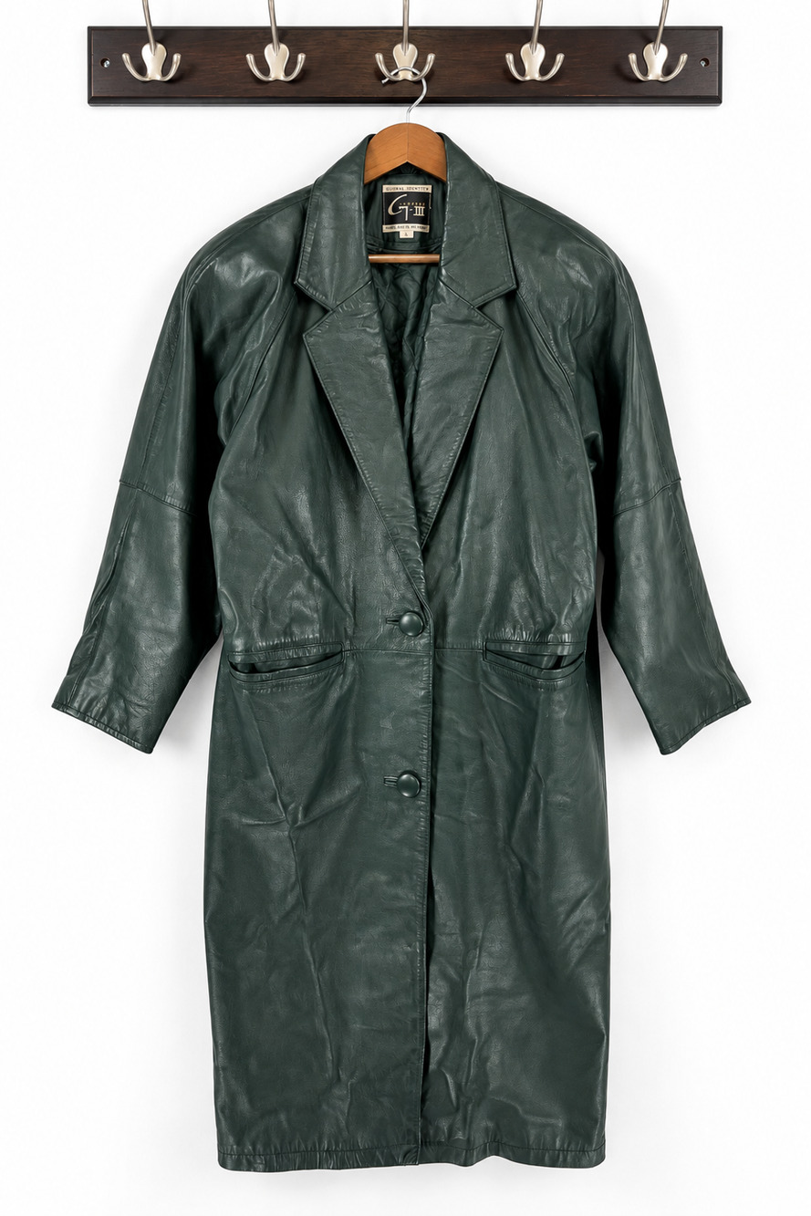 Global Identity G-III Leather Trench Coat Size Small Emerald Green Vintage